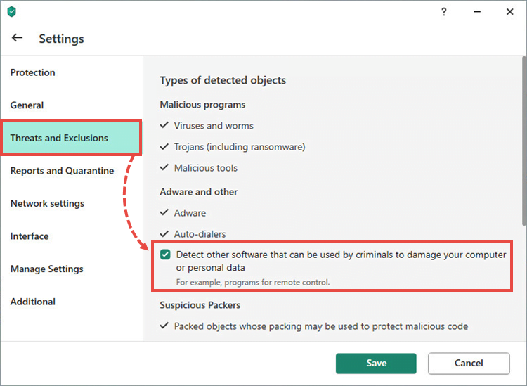 Threats and exclusions settings in a Kaspersky application