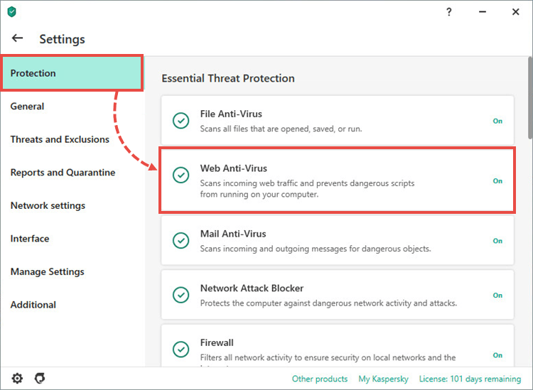 The protection settings in a Kaspersky application