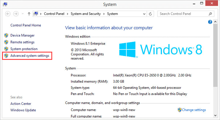 Opening advanced system settings in Windows 8