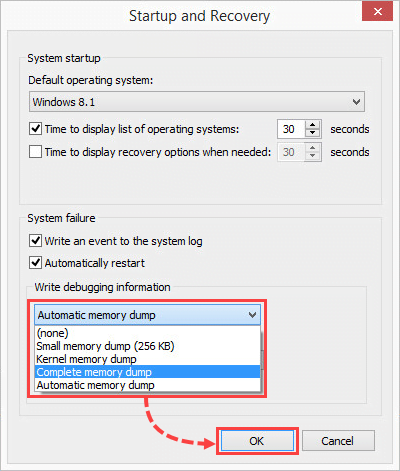 Configuring the writing of a full memory dump in Windows 8