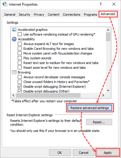 Restoring advanced settings in Internet Explorer