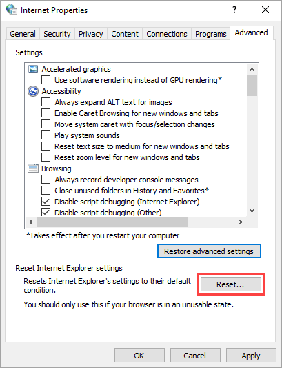 Resetting Internet Explorer settings