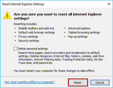 Confirming Internet Explorer settings reset