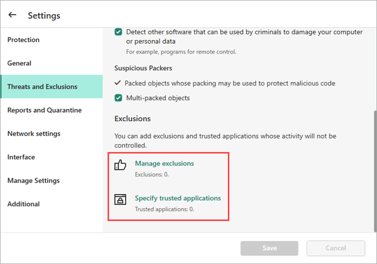 Image: the exclusions settings in a Kaspersky solution for home