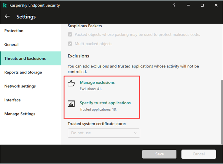 Exclusion settings in the interface of Kaspersky solutions for business