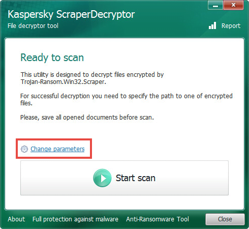 Opening the scan settings of ScraperDecryptor 