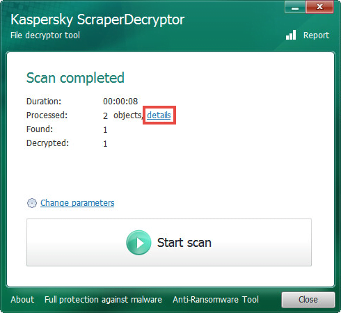 Opening scan details in ScraperDecryptor 