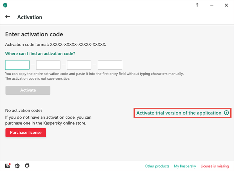 The activation of a Kaspersky application