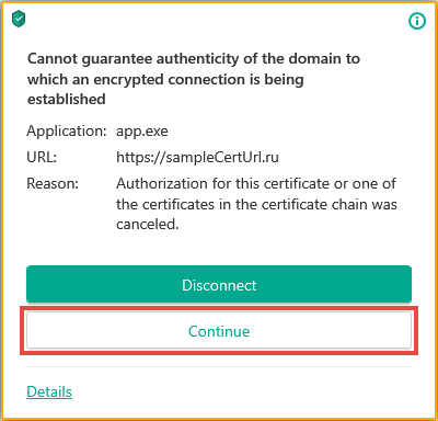 "Cannot guarantee authenticity of the domain to which encrypted connection is established" warning message