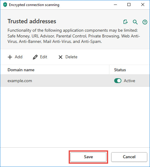 Saving the changes when adding a website to the list of exclusions from the encrypted connections scan scope in a Kaspersky application
