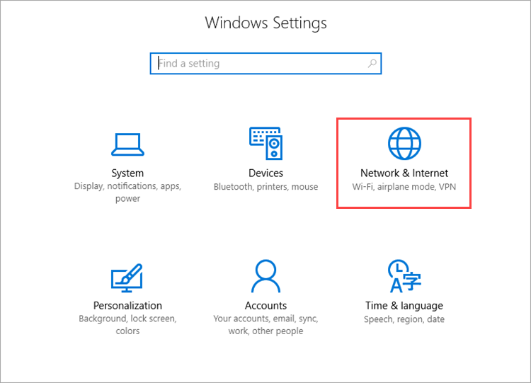 Opening network settings in Windows 10