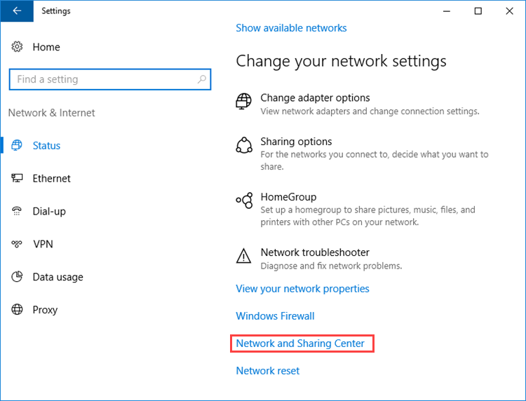 Opening the Network and Sharing Center in Windows 10