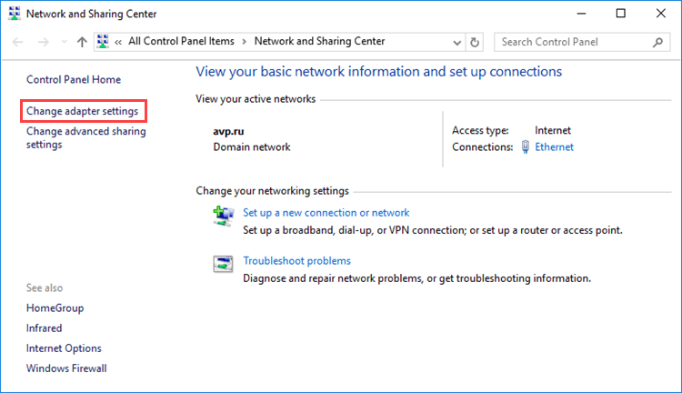 Changing adapter settings in Windows 10