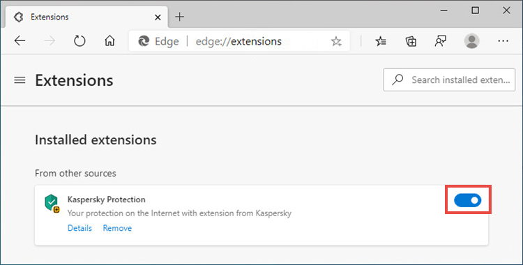 The extensions window with Kaspersky Protection enabled