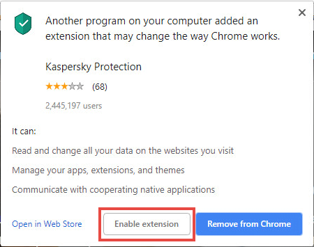 Adding the Kaspersky Protection extension to Google Chrome