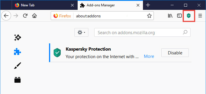 The Kaspersky Protection icon in Mozilla Firefox