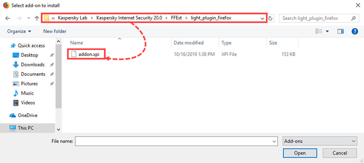 Installing the Kaspersky Protection extension to Mozilla Firefox from the installation file