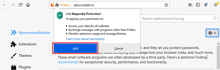 Adding the Kaspersky Protection extension to Mozilla Firefox