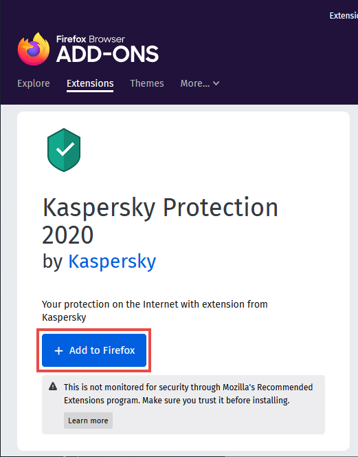 Kaspersky Protection page in Firefox browser add-ons store.