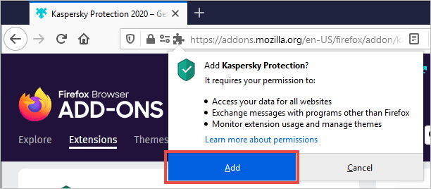 The Kaspersky Protection pop-up with the Add button highlighted.