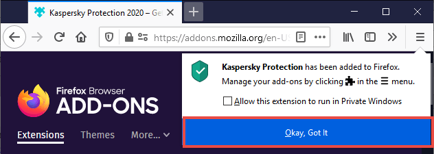 The Kaspersky Protection pop-up with Okay, Got it button highlighted.