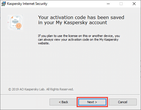Notification about the activation code saved to My Kaspersky