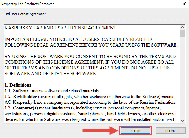 Kaspersky Lab Products Remover license agreement window.