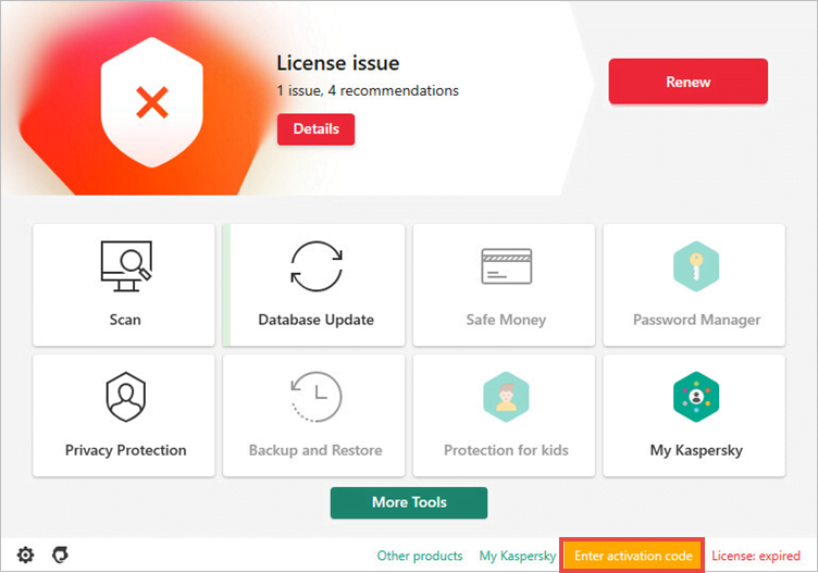 Opening the Activation window in a Kaspersky application if the trial license has expired