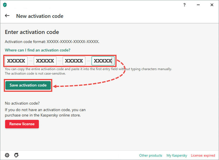 Entering the activation code for renewing the license in a Kaspersky Lab application 