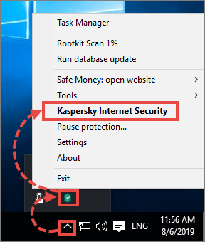 Opening a Kaspersky application via the icon’s shortcut menu on the taskbar