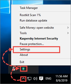 Opening the settings for a Kaspersky Lab application via the icon’s shortcut menu on the taskbar