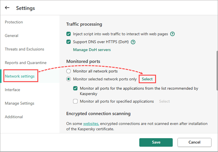 Selecting monitored network ports in a Kaspersky application