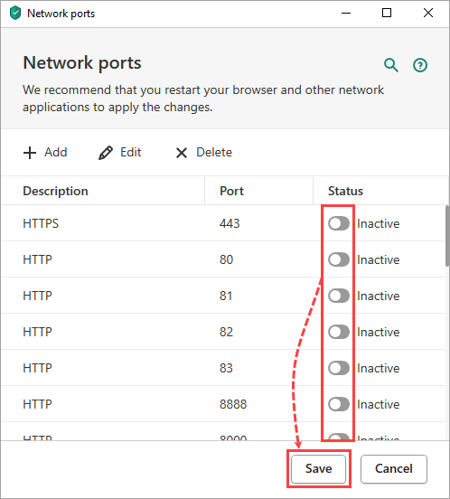 Disabling monitoring for network ports in a Kaspersky application
