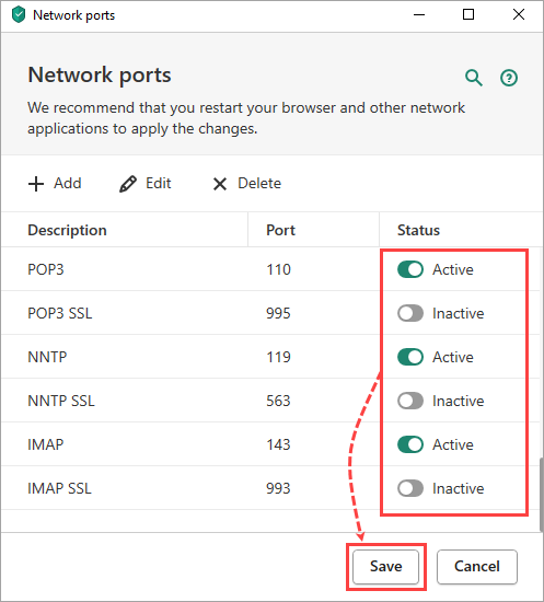 Disabling monitoring for HTTPS and SSL ports in a Kaspersky application