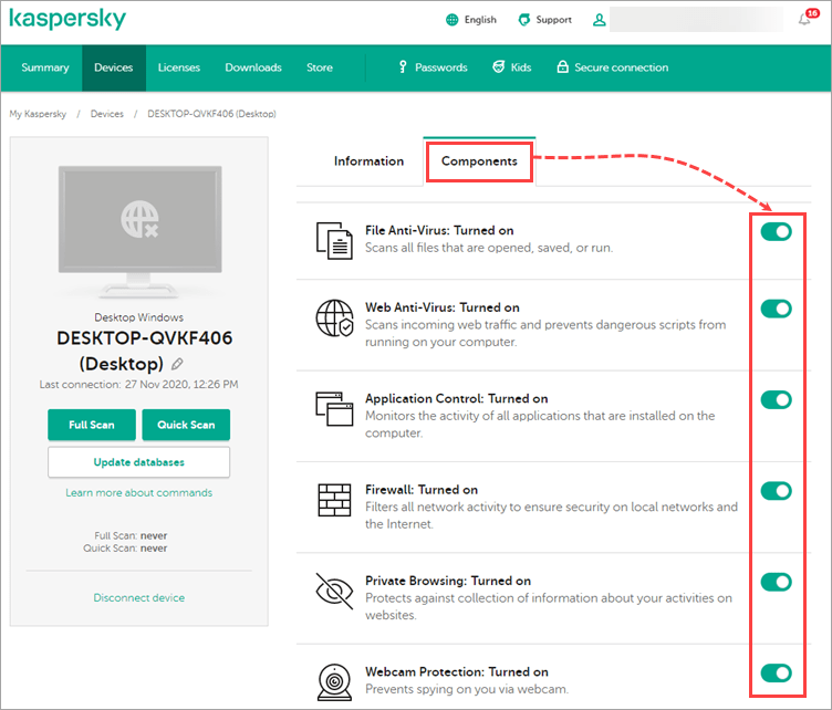 Enabling or disabling protection components via My Kaspersky