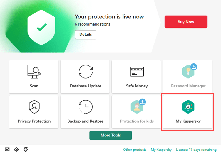 Image: the main window of a Kaspersky application