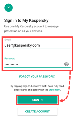 Connecting to My Kaspersky in Kaspersky Internet Security for Android