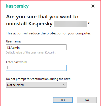 Confirmation window in a Kaspersky application