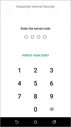 Secret code window in Kaspersky Internet Security for Android