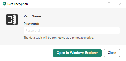 The data vault password window in a Kaspersky application