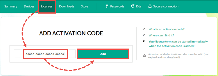 Adding an activation code to My Kaspersky account
