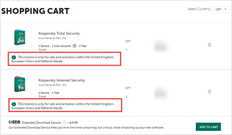 Online store cart with regional restrictions warning