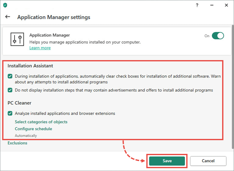 Application Manager settings in a Kaspersky application