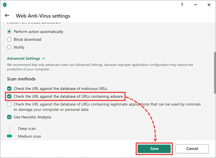 The Web Anti-Virus settings in a Kaspersky application