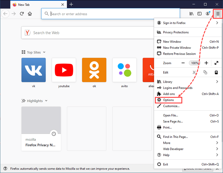 Opening Mozilla Firefox settings