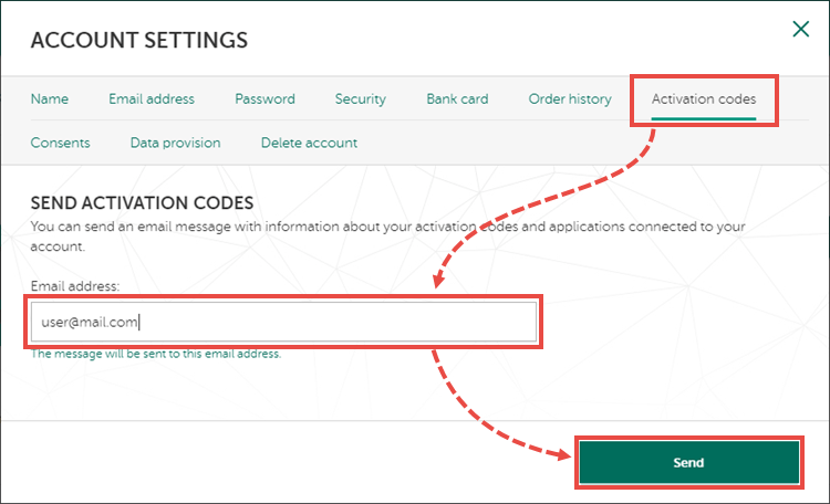Sending the code from My Kaspersky to the email