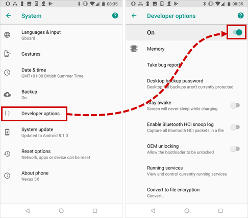 Turning on developer options in Android