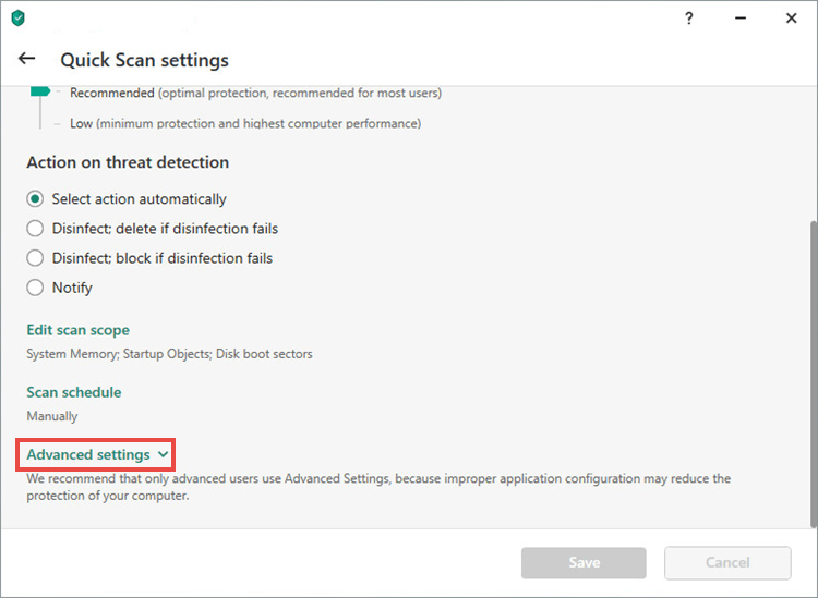 Opening the full scan settings in Kaspersky Internet Security