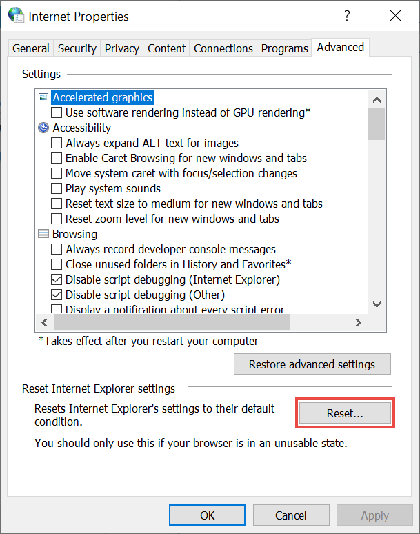 Internet properties window with a Reset button highlighted
