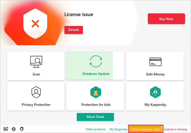 Opening the Activation window in a Kaspersky application if the license is missing